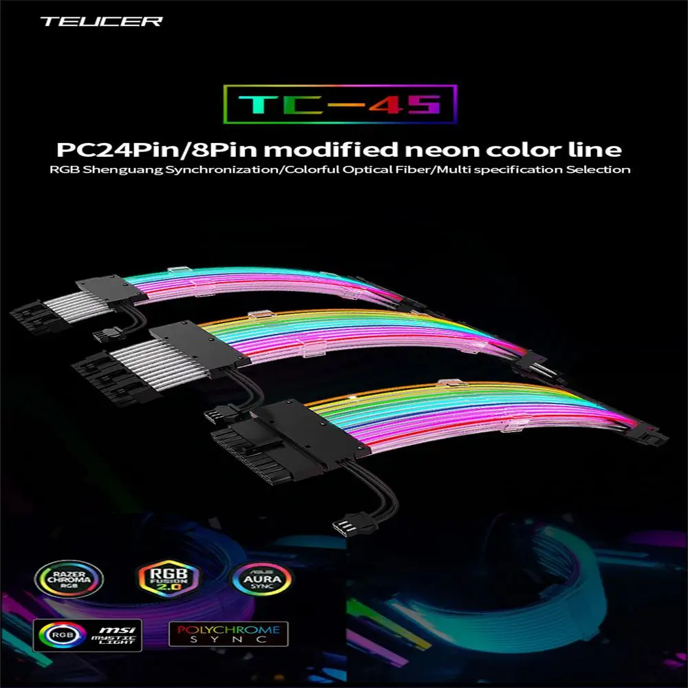 TEUCER TC-45 24Pin Kabel Ekstensi GPU Papan Gerak Kabel Ekstensi Kawat ARGB 8Pin Pita Lampu Neon VGA Extender PC MOD AURA