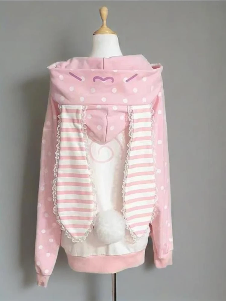 

Autumn Japanese kawaii Pink sweatshirt Women Sweet lovely Zipper Lace Polka Dot Hoodie Loose casual chic Patchwork Coat 2025 New