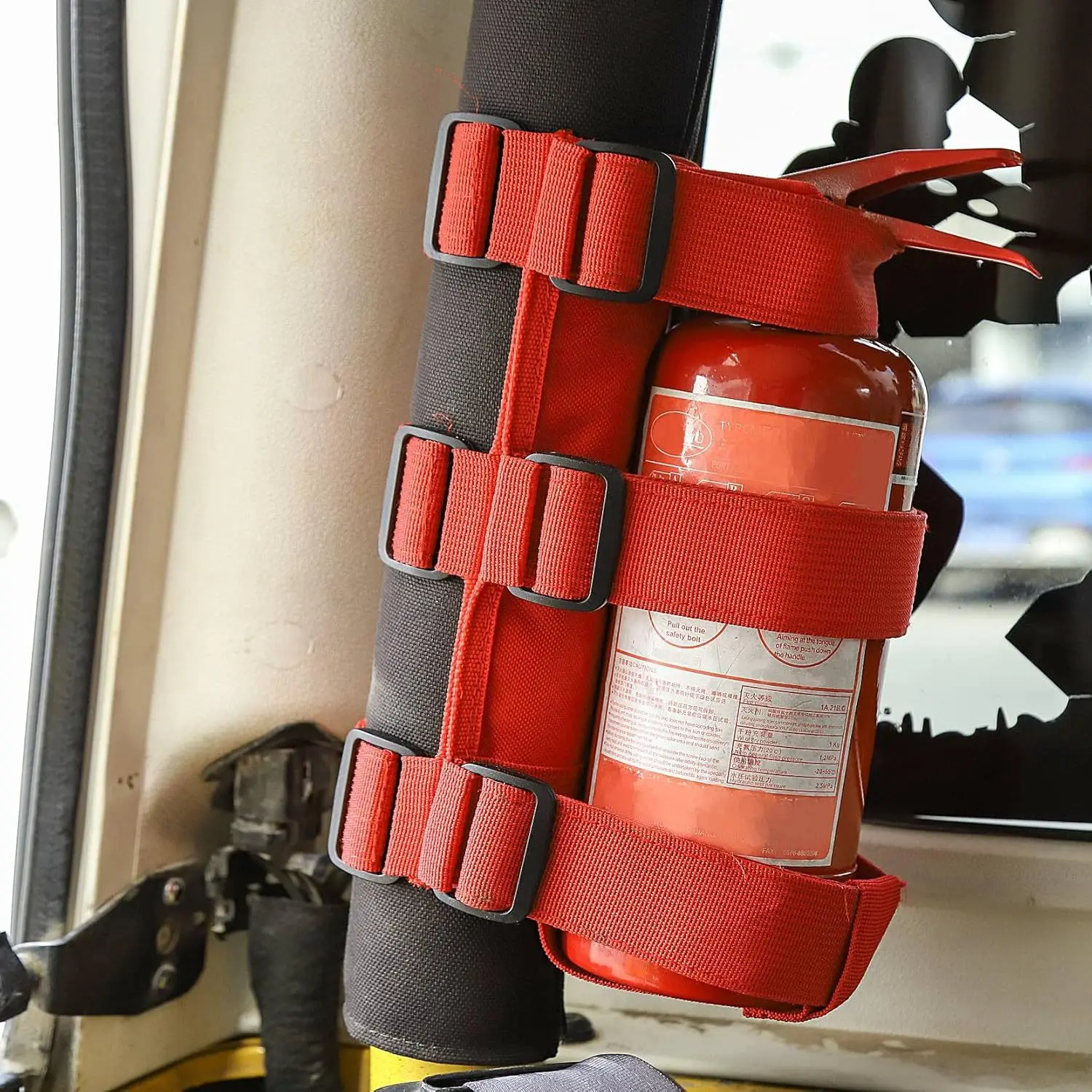 Fire Extinguisher Mount for Vehicle, Car, Boat, UTV, Adjustable Strap Fix, No-Drill, Roll Bar Mount, Fits 3 lb Extinguishers
