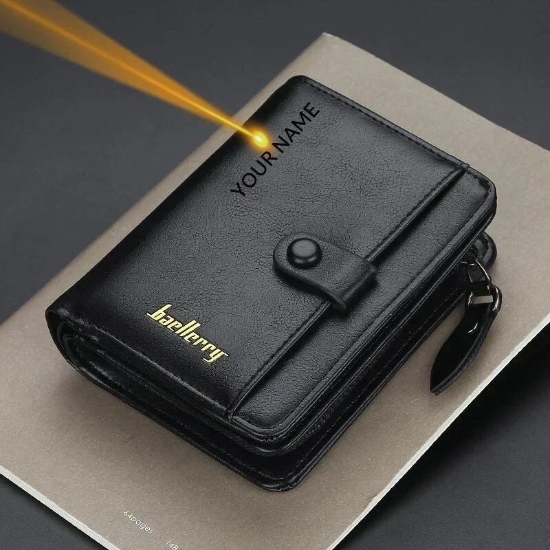 Custom Engrave Name Zipper Coin Pocket Wallet for Men Personalized Name High Quality Short Wallets Christmas Father's Day Gift