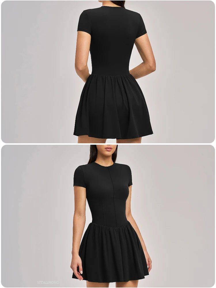VITALINOVO Damen-Tenniskleid mit Reißverschluss vorne, Rundhalsausschnitt, fließend, plissiert, ärmellos, Mini-Golf-Sportkleid mit Shorts-Tasche – Detail 2