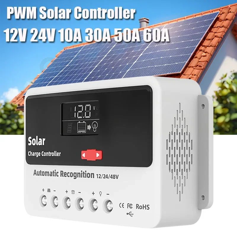 

PWM Solar Controller 10A 20A 30A 50A 60A 12V 24V Auto LCD Solar Regulator with Dual USB Battery PV Cell Panel Charger Regulator