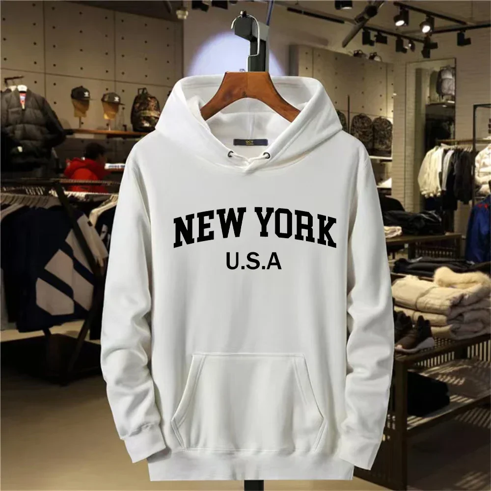 NEW YORK Letter U.S.A City Print Hoody Men Fashion Casual Long Sleeves Hooded Loose Oversize Pullover Hoodie Street Sweatshirt