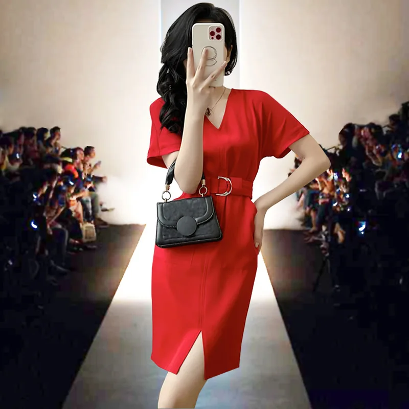 

Red Solid Women Dress Elegant V-Neck Short Sleeve Mini Dresses With Belt 30407