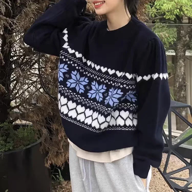 

Korean Christmas Style Jacquard Pullover Sweater, Women's Autumn and Winter New Collection, Love Contrasting Color Knit Sweater