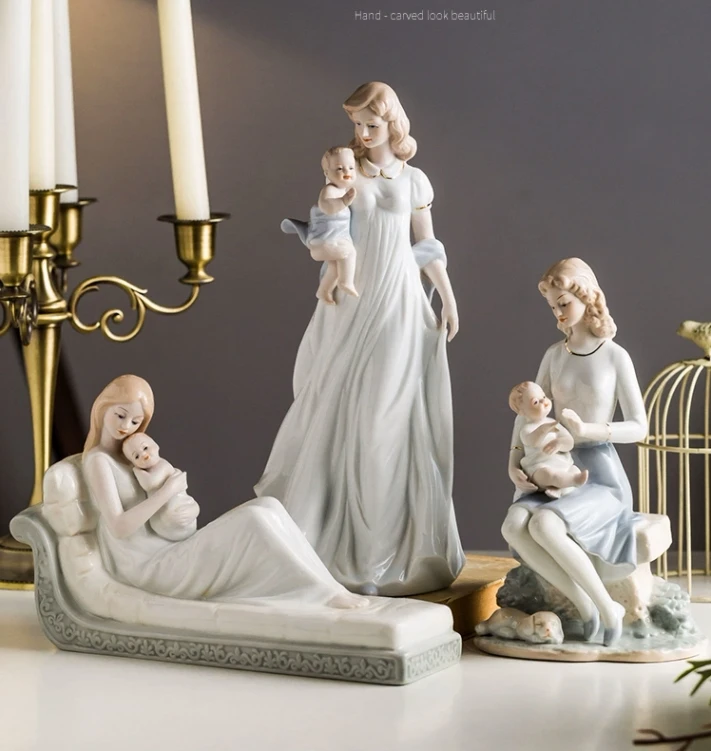 European Ceramic Statues Parent-child Mother Son Decoration Mother's Day Full Moon Gift Home Livingroom Table Figurines Crafts