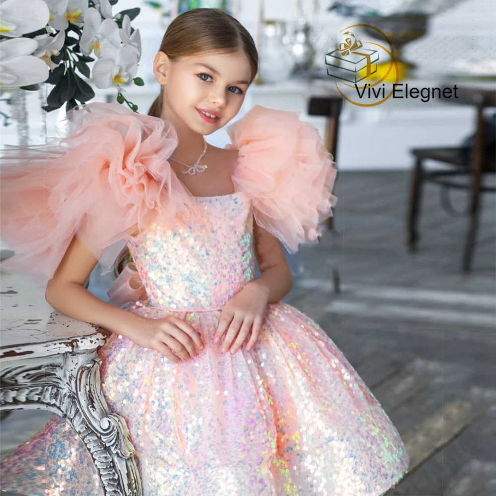 Fashion A Line Knee Length Short Sleeve Girls Pageant Dress Kids 2022 Summer Pink Sequined Christmas Gown Zipper Back فساتين اطف