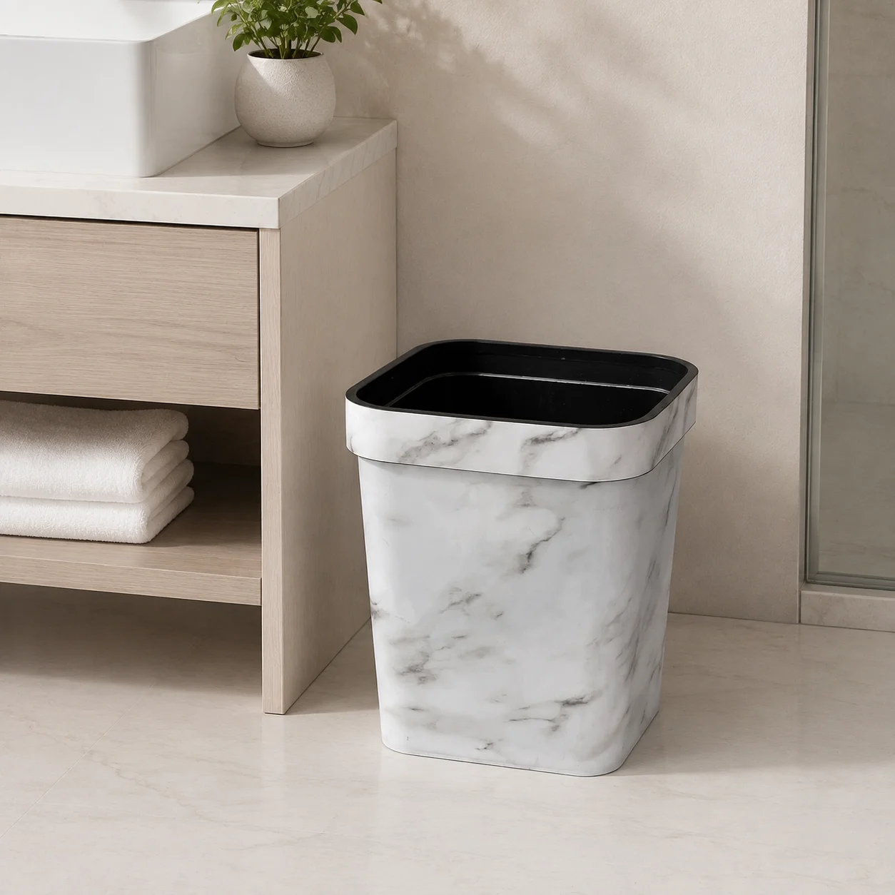 12L Decorative Marble Trash Bin, White Outer Black Inner Square Waste Container for Bathroom & Living Room