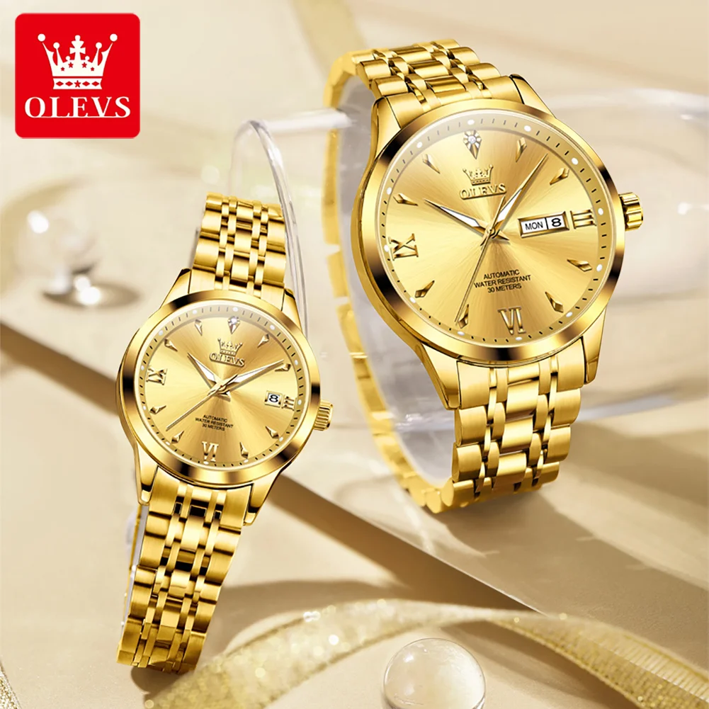 OLEVS 9956 Couple Watch for Men Women Ducal Calendar Diamond Roman Scale Luxury Business Lover's Automatic Mechanical Wristwatch