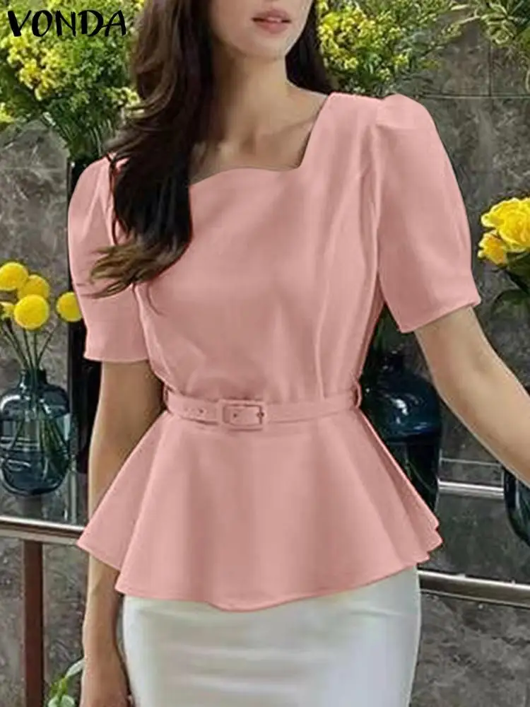 VONDA Women Fashion Solid Shirts Elegant Square Collar Blouse Short Puff Sleeve Summer Tops 2024 Casual Streetwear Belted Blusas