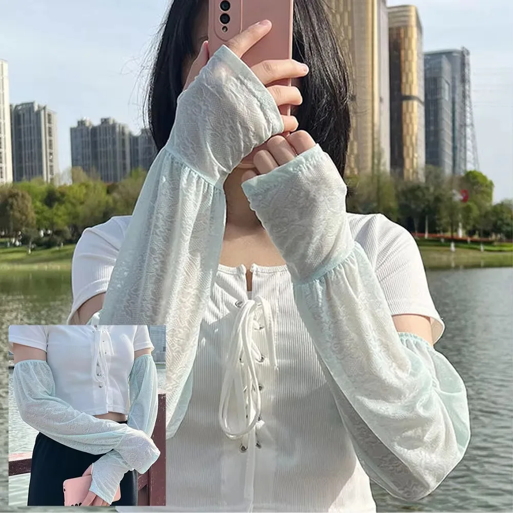 Summer Lace Ice Silk Arm Sleeves UV Protection Ultrathin Sunscreen Sleeve Breathable Ice Silk Long Gloves Sports