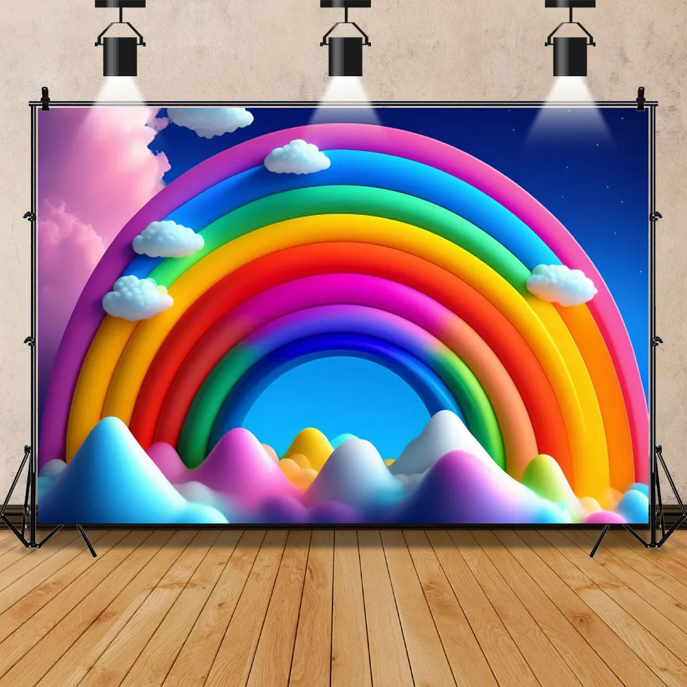 Laeacco Rainbow Backdrops Photography Baby Shower Boy Girl 1st Birthday Party Cloud Shiny Star Photo Background For Photo Studio