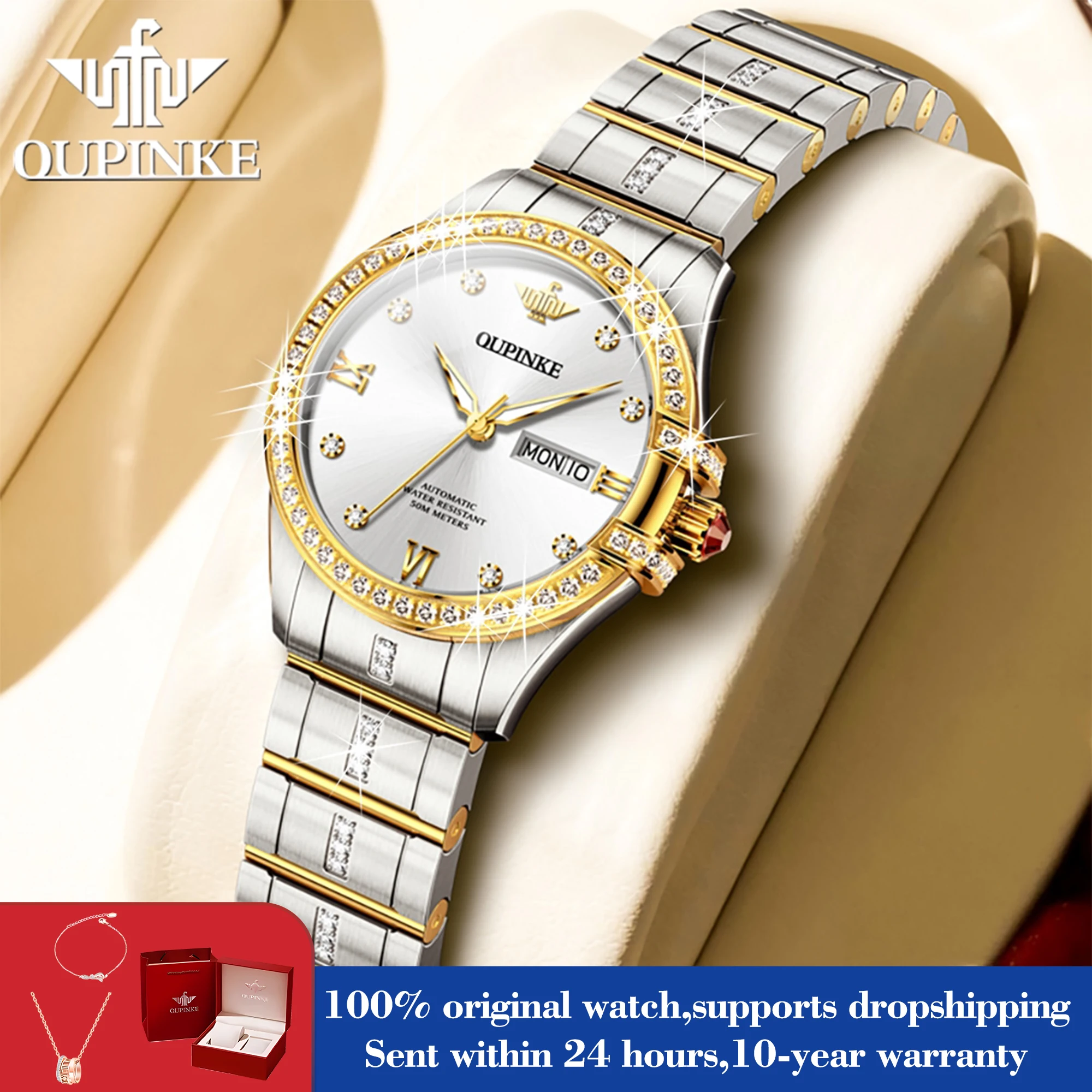 OUPINKE 3195 Roman Scale Mechanical Dress Watch For Women Diamond Original Automatic Hand Clock Waterproof Dual Calendar Watches