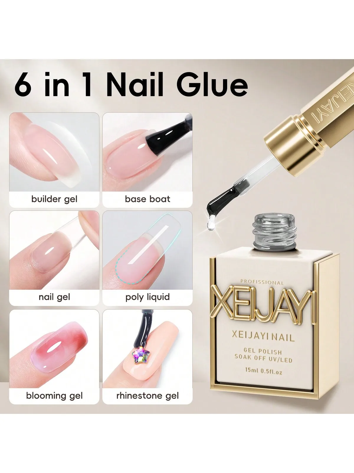 XEIJAYI 1 szt. 6 w 1 Żel do paznokci, baza pod lakier, żel do przedłużania paznokci, żel do sztucznych paznokci, żel do zdobienia paznokci, top coat, żel akwarelowy do paznokci DIY