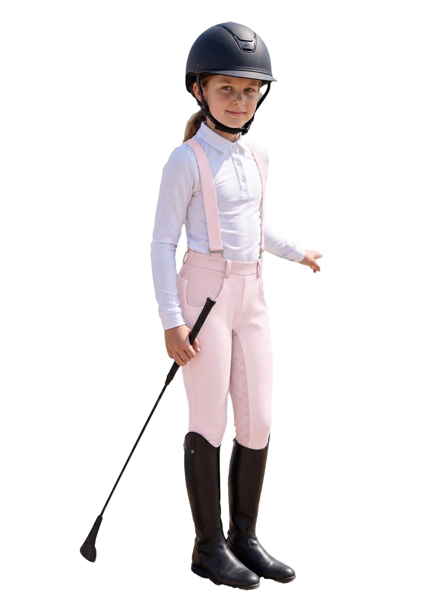 Reithose für Mädchen, elastischer Bund, Sportleggings mit Taschen und Schultergurten. – Detail 9