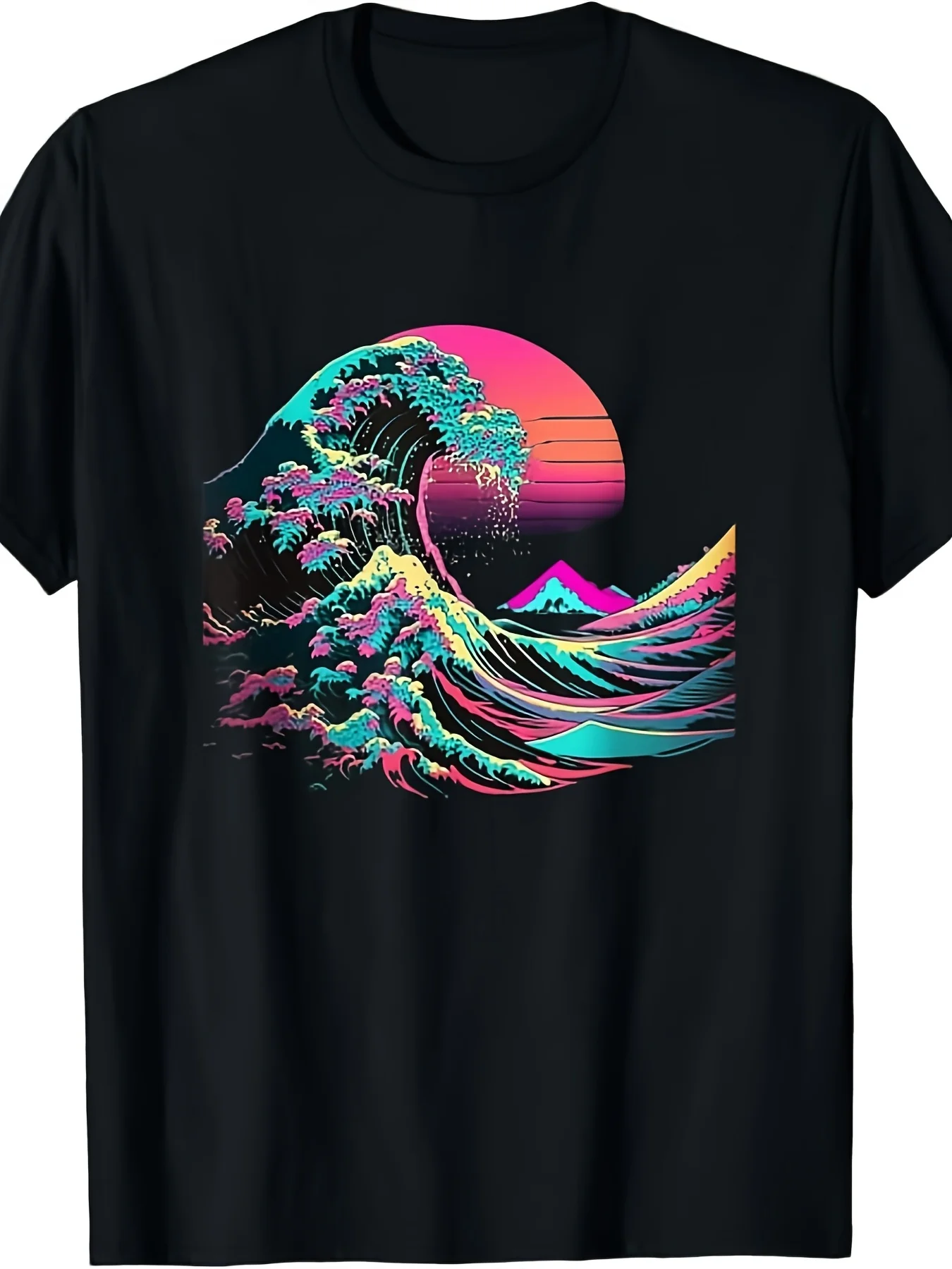JOY Vaperwave Aesthetic Glitch Great Wave Retrowave Synthwave T-Shirt | Same Style for Men And Women, 2025 Summer, Short-Sleeved, Printed, Pure, 220G, Crew Neck, All-Season, Regular Fit, Perfect for Adults