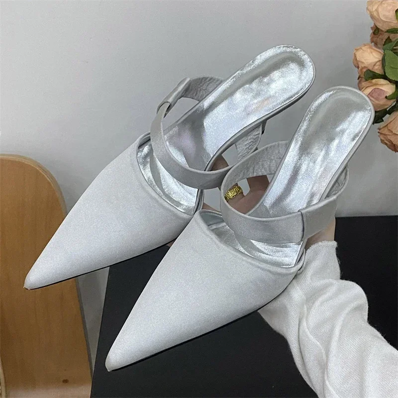

Eilyken Spring Summer Satin Hollow Slippers Women Elegant Pointed Toe Thin Low Heels Dress Mules Ladies Shoes