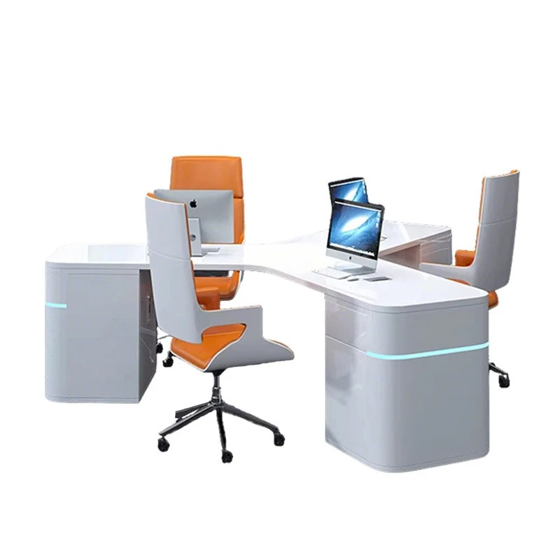 Simple and modern creative paint office command center three employees computer desk technology sense white staff table