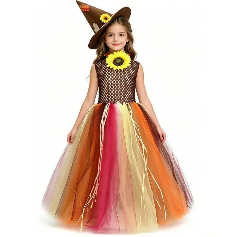 Long Sheer Chiffon Dress Set for Girls,Brown Tulle Tutu Skirt for Kids, Perfect for Parties, Stage Performances and Celebrations
