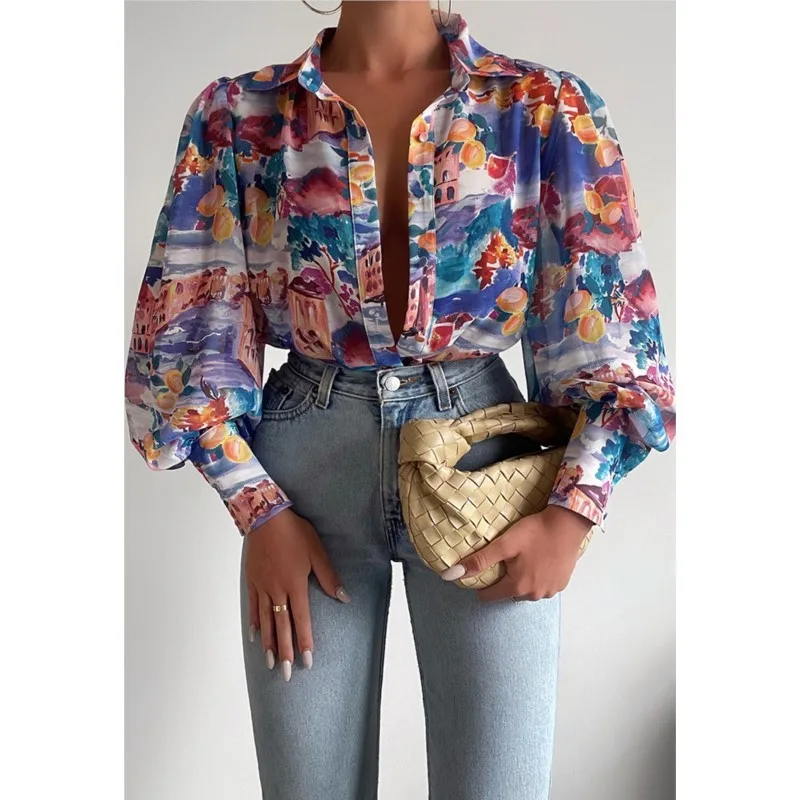 Casual Laterne Hülse Druck Hemd Bluse Frauen Mode Frühling Herbst Taste Shirts Für frauen 2024 Boho Strand Stil Shirts tops