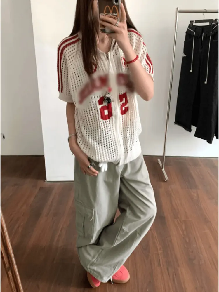 

Американский уличный стиль: новый модный женский вязаный свитер с вырезами и молнией, весна-лето, защита от солнца, верхняя одежда