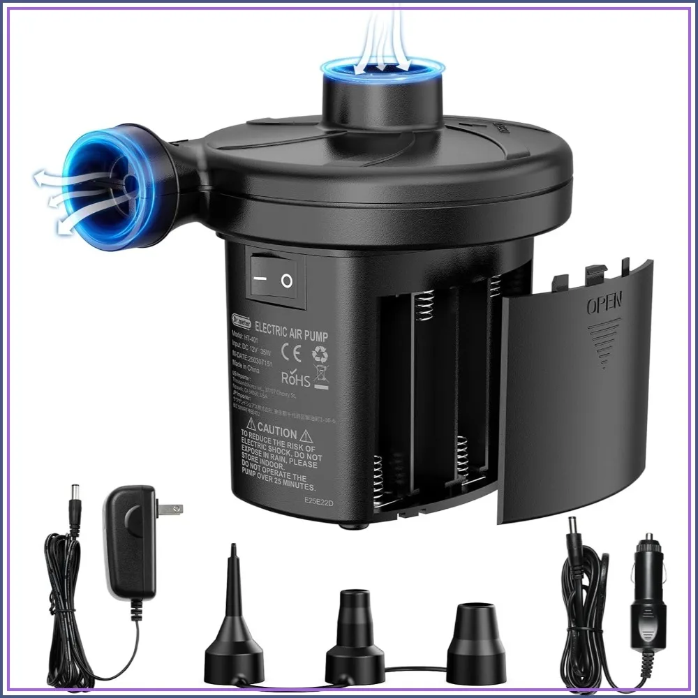 

Portable Electric Air Pump: 3 Power Options (AC/DC/Battery) with 3 Nozzles, Quick Inflate & Deflate for Inflatables