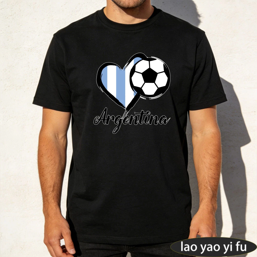 Argentina Soccer Heart Flag T-Shirt Gift for Football Fans Shirt Soccer Part Supplies Tee Men Sportswear Summer Casual Cotton T