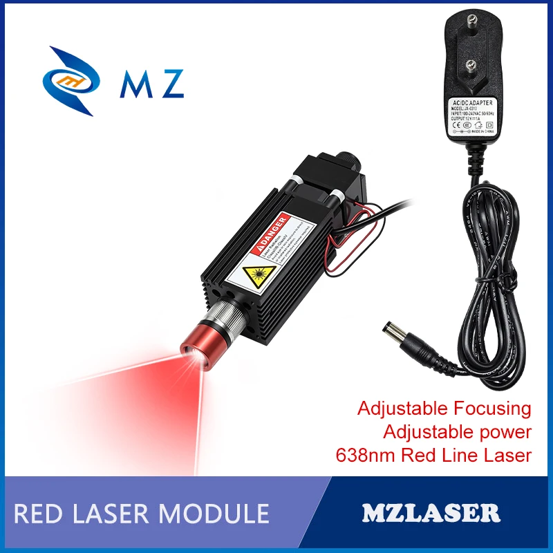Adjustable Focusing & Power Red Line Laser Module D33x33x75mm 638nm 500mW 1000mW 12V 24V for Woodworking Parts with Adapter