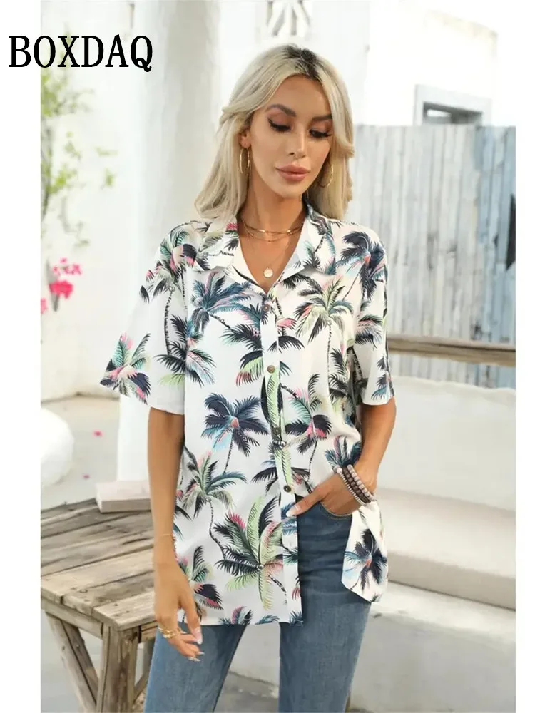 

2025 Women's Blouse Short Sleeve Printed Shirts Summer Beach Hawaiian Holidays Lapel Button Casual Fashion Cardigan Blouse Tops