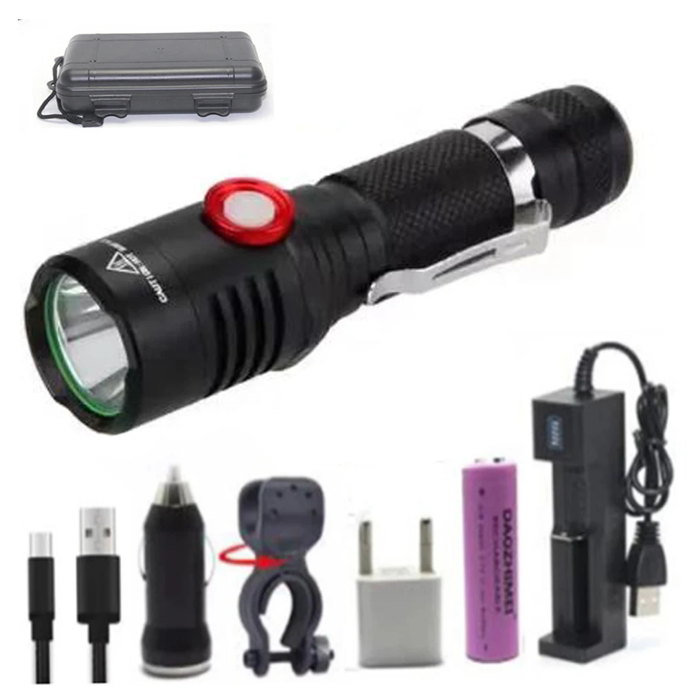 Powerful USB LED Flashlights Flash Lamp L2 Hunting Fishing light camping Self defense Torch +1*18650 battery+USB Charger