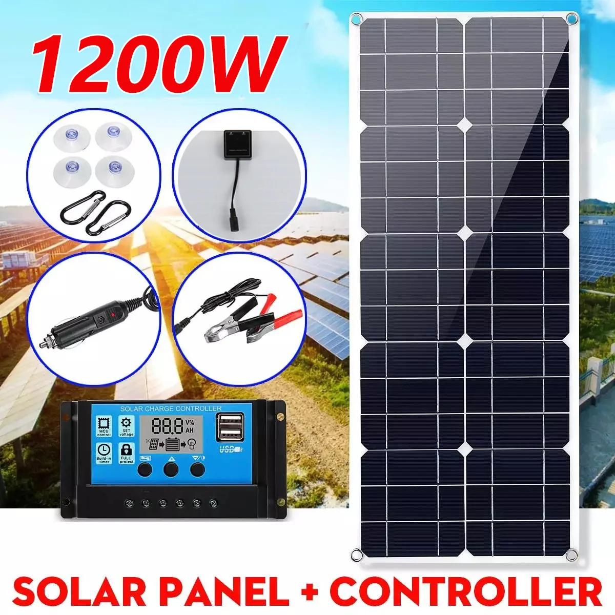 1200W Flexible Solar Panel Kit 18V Monocrystalline Solar Cells Power Charger for Outdoor Camping Yacht Motorhome Car RV Boat