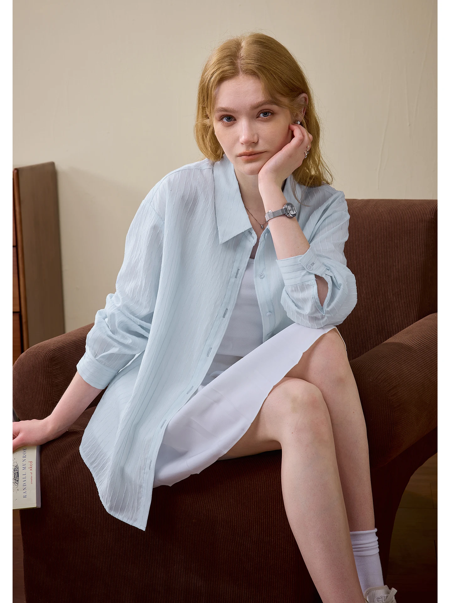

Blue Loose Long Sleeve Shirt Women's Summer New Style Commute Healing Shirt Korean Version Breathable Polyester Nylon Blend