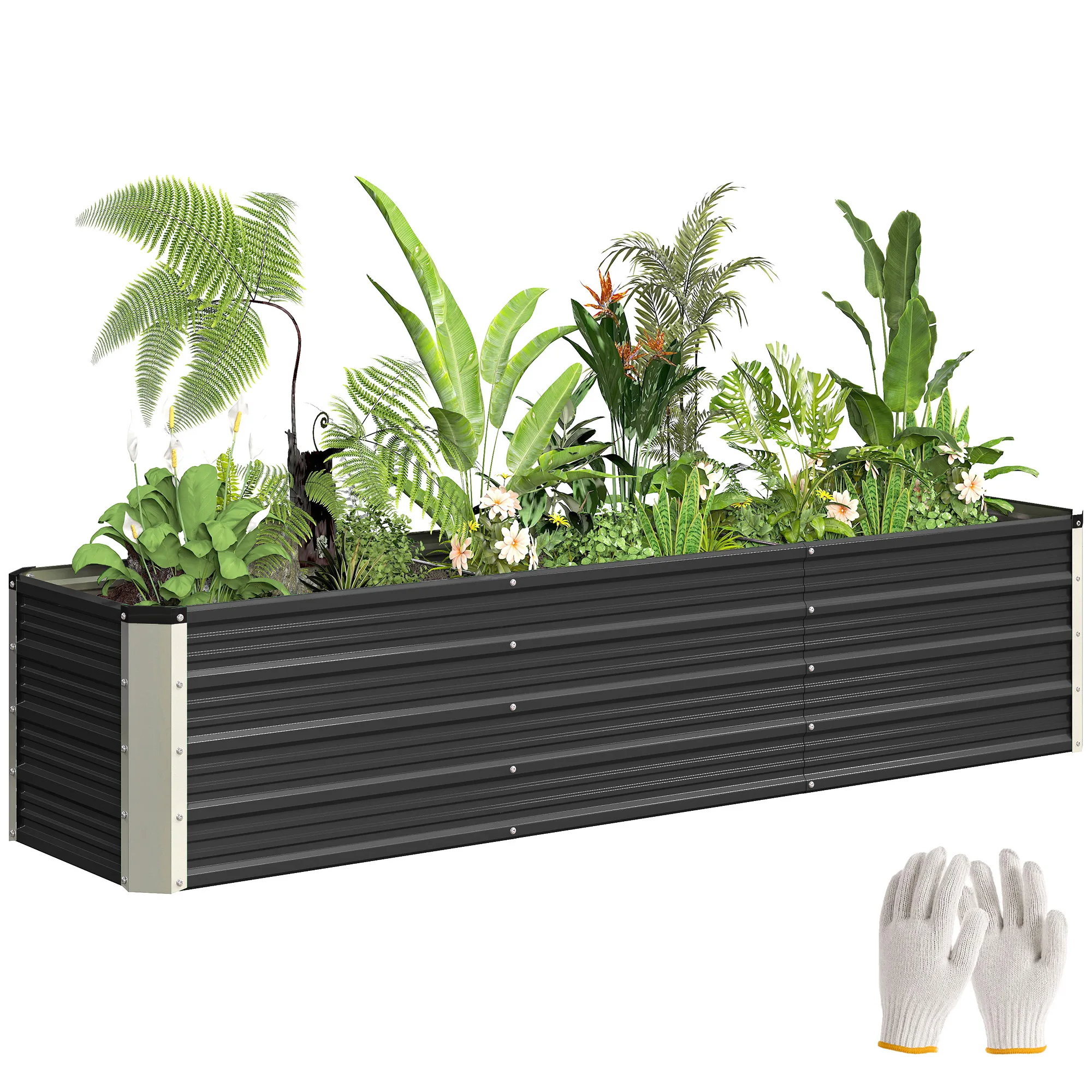 Outsunny Jardinière surélevée en acier, lit de jardin avec gants, carré potager de jardin pour fleurs, herbes, légumes, 183 x 47