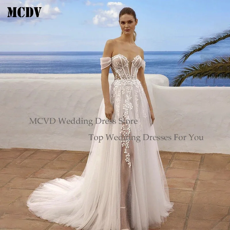 

MCDV 2025 Off The Shoulder Sweetheart 3D Flower Lace Wedding Dresses Boho Beach A Line Side Slit Custom Made Bridal Gown