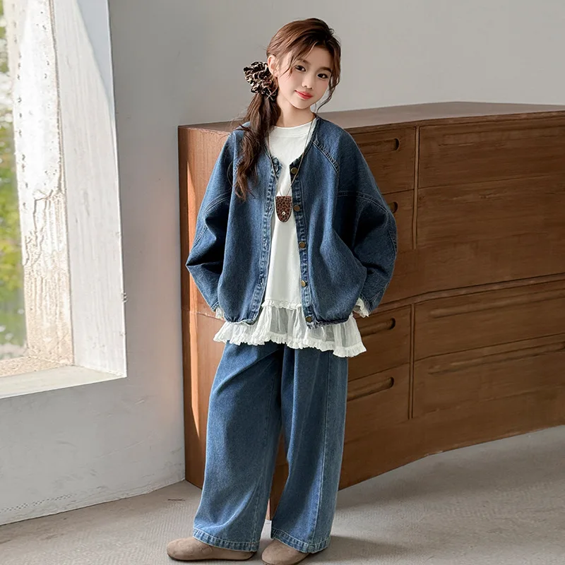 

Autumn Korean School Girl 2pcs Suit Lace Patchwork T-shirt+Single-breasted Round Neck Coat+Solid Denim Pant Children Girl Outfit