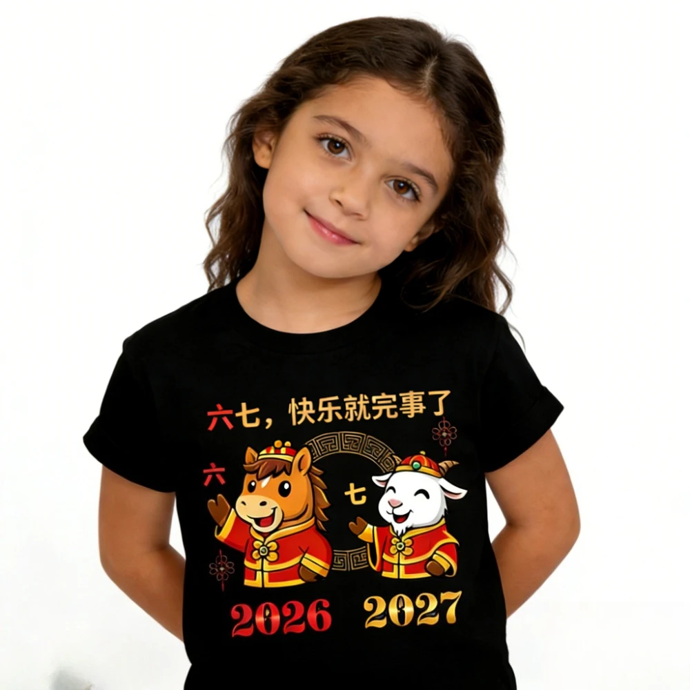 Lucky 6-7 Meme Horse Goat Zodiac Tee Chinese New Year 2026 2027 Friendly Exchange Tshirt Boys and Girls Casual Cute Cotton Tops