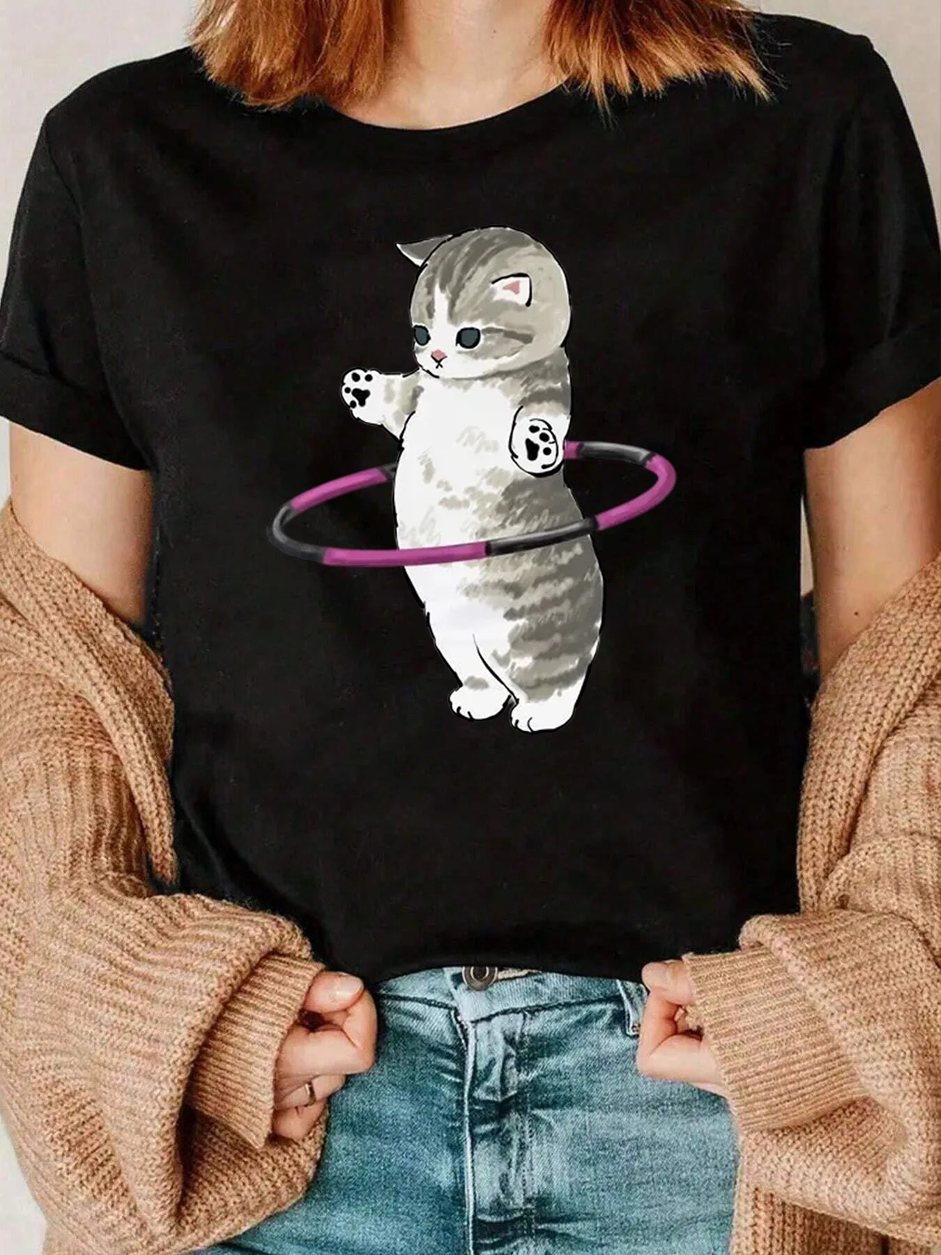 Cat Hula Hoop Print T-Shirt Freizeitkleidung für Damen 220g