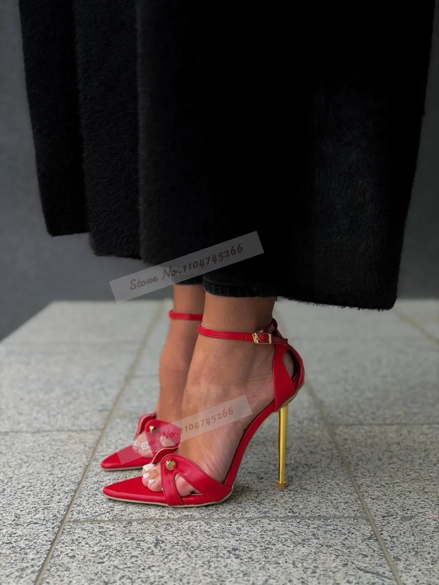 Golden Stiletto Heels Metal Decoration High Heel Sandals Red Black Matte Rivets Dress Shoes Studded Elegant Banquet Pumps