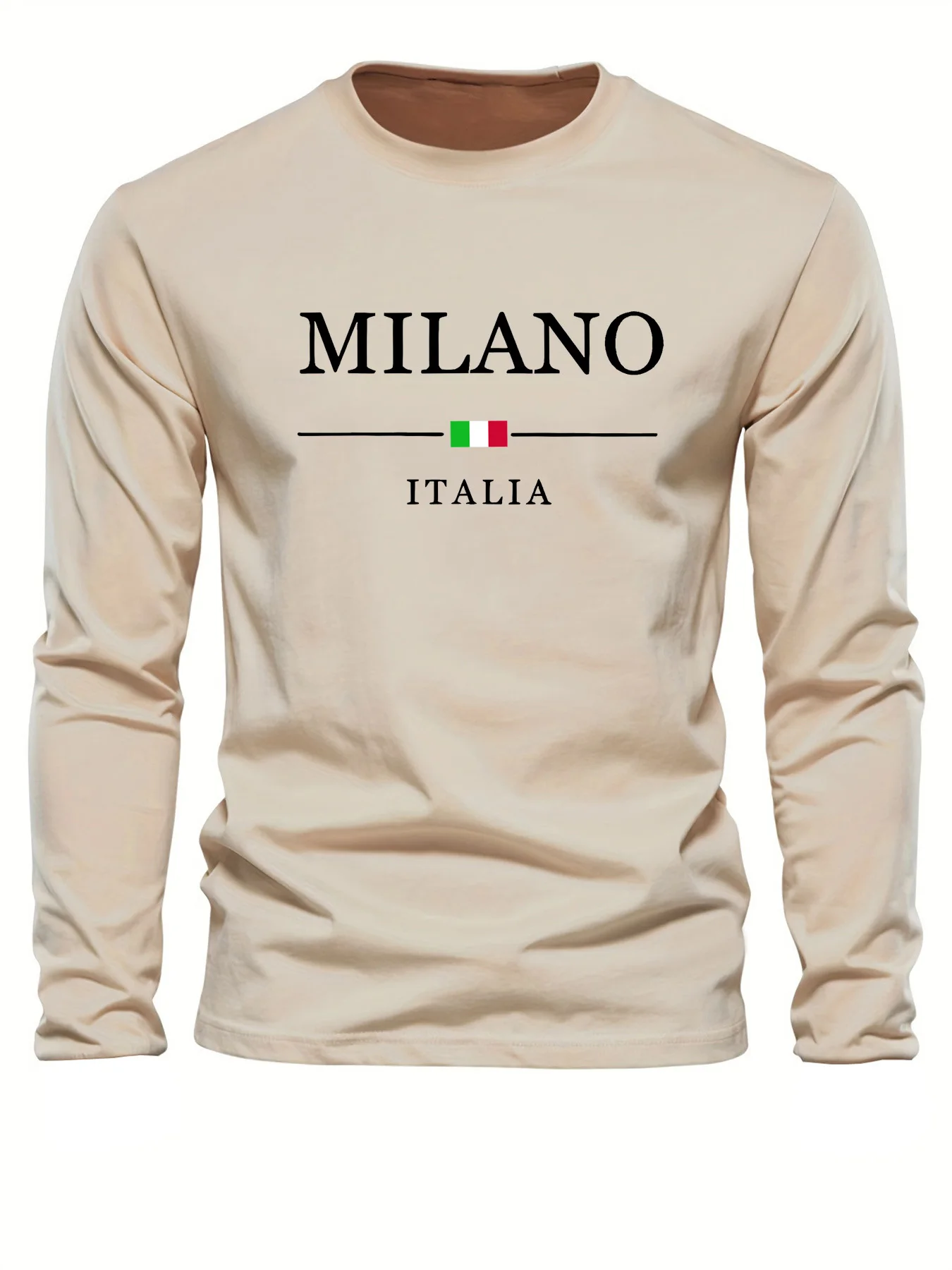 100% Pure Cotton Men's Long Sleeved Round Neck Loose Casual MILANO ITALIA Print Spring and Autumn Versatile T-Shirt Top