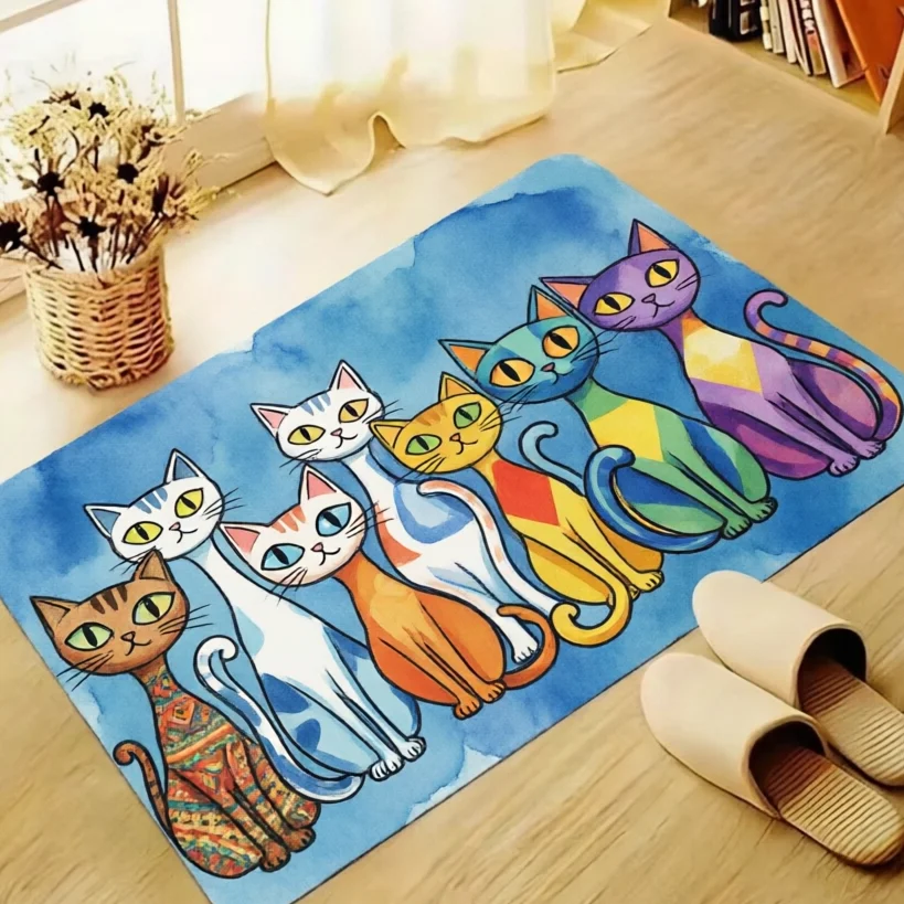 Watercolor Multi Color Cat Lineup Cute Pet Rug For Animal Lover Home Artistic Design Durable Indoor Floor Mat