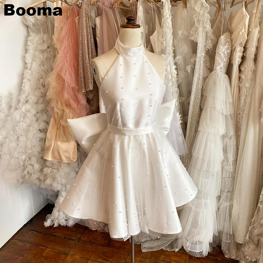 Booma Mini Wedding Party Dresses Halter Pearls A-Line Bridal Party Gowns with Big Bow Brides Evening Dress Cocktail Gown Outfits