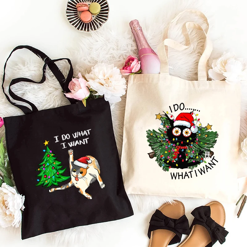 I Do What I What Canvas Tote Hand Bags Women's Shopping Bag Cat with Christmas Tree Student Shoulder Bag Reusable Handbags