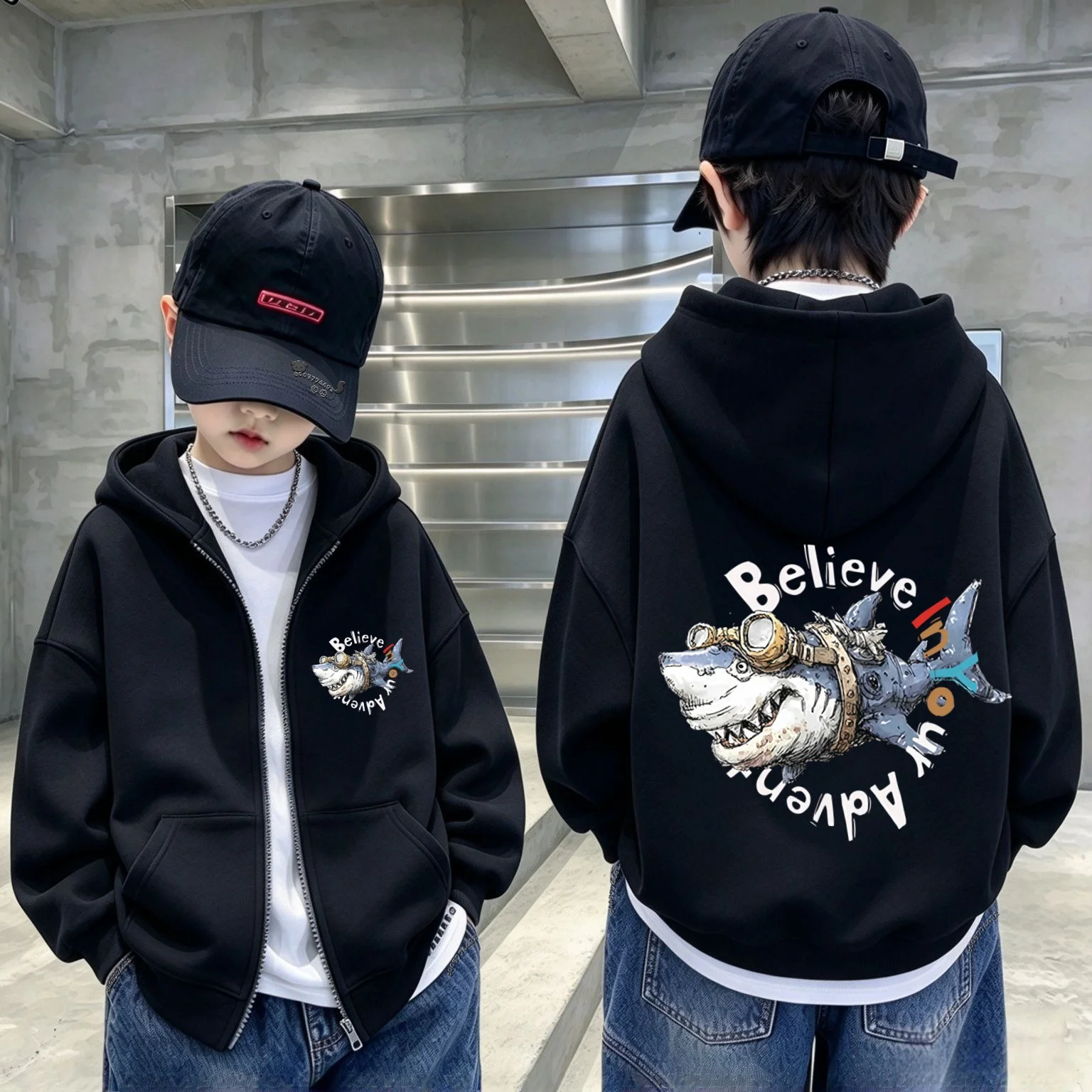 American Retro Style Kids Zip Up Hoodie Cool Shark Front & BackPrint Jacket Autumn Winter BoysGirls Long SleeveCasual Sweatshirt
