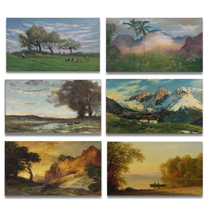 Rural Scenery Landscape Mountains Rivers Tree Sunset Rowing Poster Print Wall Art Pictures Canvas Oil Painting Room Home Decor