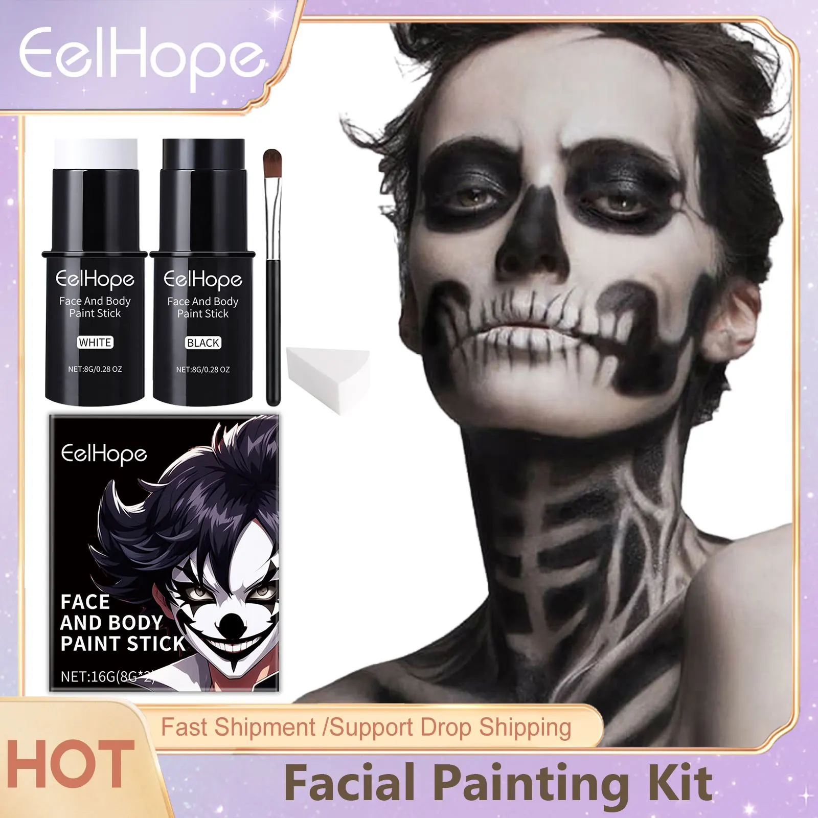 Kit de pintura facial de Halloween, juego de pintura corporal blanca y negra, base de Cosplay DIY, payaso, maquillaje festivo impermeable duradero colorido