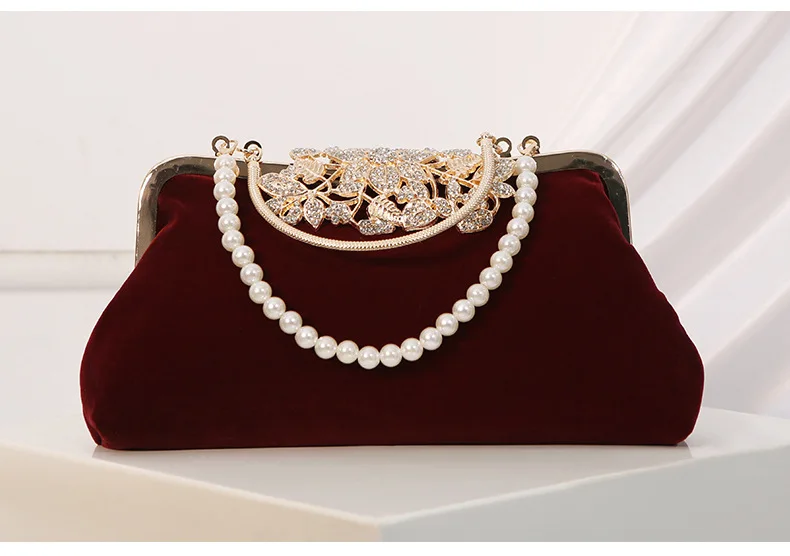 Vintage Wine Red Velvet Evening Bags For Women Fashion Luxury Rhinestone Buckle Clutches Chain Shoulder Bag Prom Party Handbags