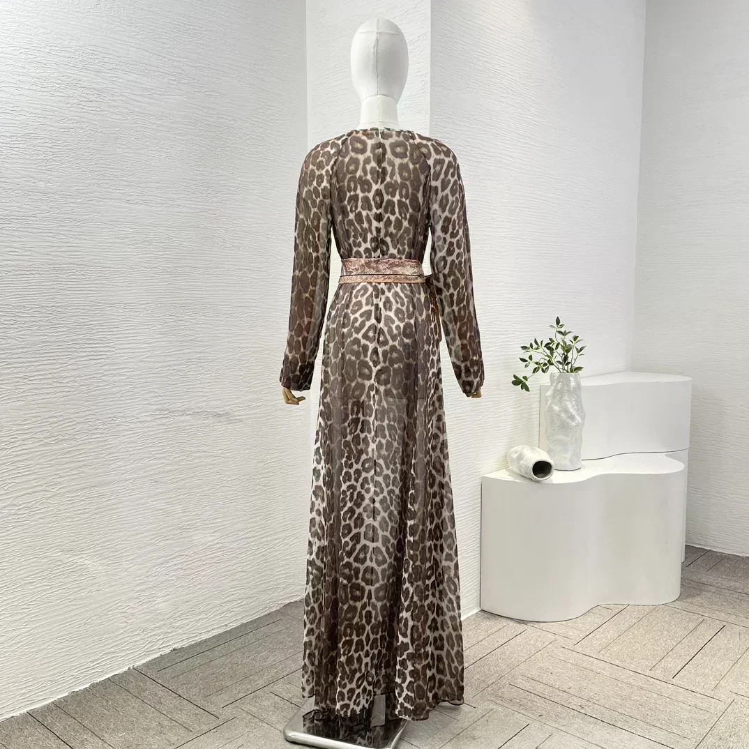 2024 Classic Leopard Print Long Sleeve High Quality Crew Neckline Removable Scarf Belt Women Maxi Dress