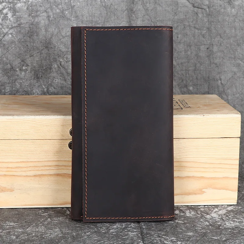 Men's long wallet with leather strap, leather money clip, top-grade cowhide, retro handcrafted bag