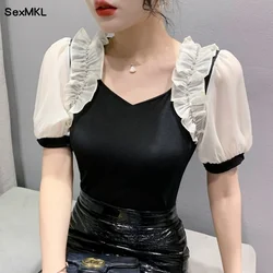 Casual Summer Blouses Women 2026 Korean Fashion Clothes Diamonds Patchwork Blusas Mujer Slim Ruffles Puff Sleeve Ladies Y2k Tops