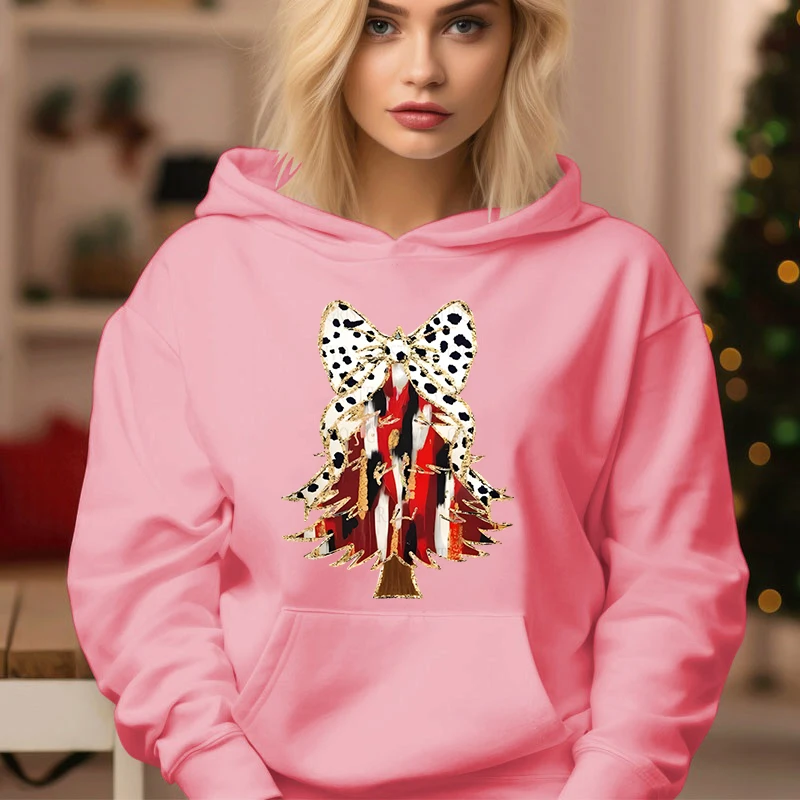 Long Sleeve Pink Hoodies Sweet Christmas Tree Print Funny Tracksuit Women Aesthetics Xmas Tree Hoody Fashion Creative Sweatshirt